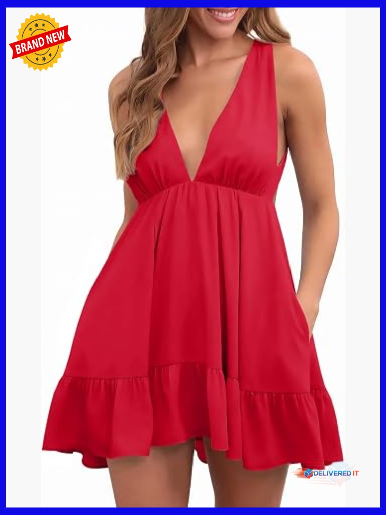 Sleeveless Ruffle Mini Dress V-Neck Backless With Pockets